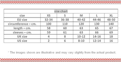 size chart for Romanian peasant blouses ie