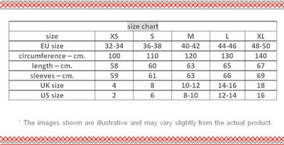 traditional Romanian blouses - size chart