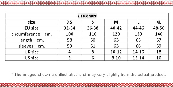 size chart for the ethnic Romanian embroidered blouses