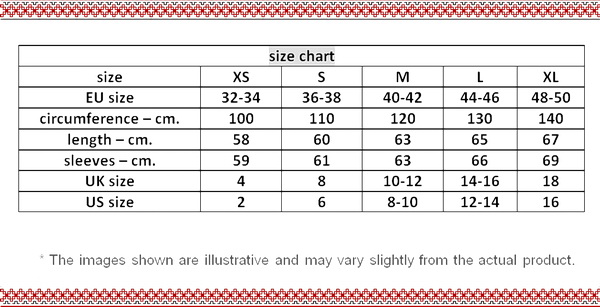 Romanian embroidered folk blouse size chart